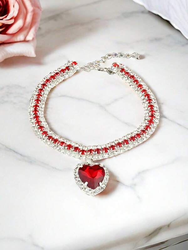 Christmas New Year Pet Cat Dog Collar With 3 Rows Crystal Hearts Pendant, Princess Style Necklace Collar Accessory, Birthday Party Holiday Decoration
