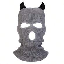 1 chiếc mũ len đan cho nam có lỗ sừng, mũ trùm đầu Balaclava thường ngày ngoài trời, chống gió và ấm áp cho du lịch mùa xuân thu - Xám - Xem 1