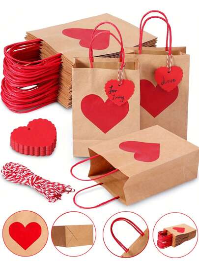 30/18/9pcs Set Kraft Paper Gift Bags With Red Heart Shape Tags, Heart Shaped Mother's Day Gift Bags, Red & Pink Paper Party Gift Bags (With Handles), Anniversary Surprise Gift Bags, Foldable Shopping Bags And Party Bags, Holiday Decorations, Shopping Bags, Romantic Occasion Gift Bags, Wedding Party Gift Bags, Handmade Tote Bags For Mother's Day, Thanksgiving, Birthday And Various Love Occasions