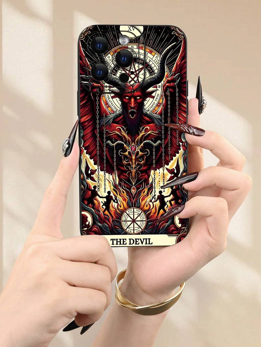 1 张魔鬼扑克牌印刷 2D 图案,流行创意时尚恐怖美学设计,适合送给朋友、家人、情侣、生日、圣诞节、新年的礼物。哑光黑色柔软全身保护壳兼容 iPhone 16/15/14/13/12/11/Pro/ProMax/X/XR/XS/XSMAX/7/8/PLUS 和型号 - 黑色 - 查看 1