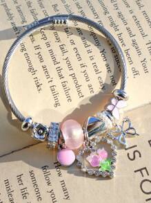 1 chiếc vòng tay charm hoa tulip có thể điều chỉnh, vòng tay mặt trái tim, vòng tay mặt dây chuyền bướm hoa anh đào, vòng tay hoa anh đào dễ thương - Bạc - Xem 3
