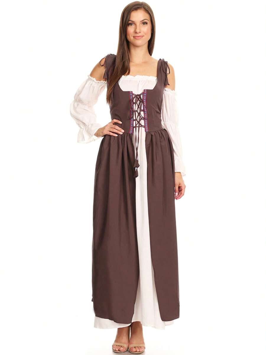 Halloween Costume Womens Renaissance Medieval Irish Gown Over Dress Costume - Outer Dress - màu nâu - Xem 1