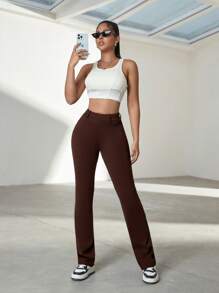 弹力修身口袋设计女式通勤裤，休闲日常春季穿着 - 棕色 - 查看 4