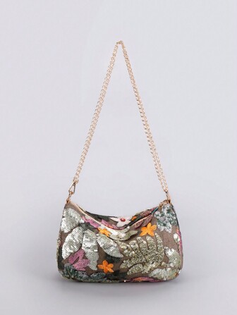 Sequin Embroidery Chain Shoulder Bag, Classic Design Embroidery Floral Semicircle Crossbody Bag, Women's Fashion Color Contrast Sequin Stitching Zipper Dinner Bag. Preferred Bag Type, Multi-Purpose Bag, Can Be Crossbody, Chain Folded In Half Can Be A Shoulder. (Pattern Position Cut Randomly), Sparkling Sequin Bags Ladies Elegant