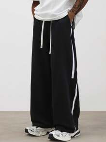 1 条男女通用宽松直筒条纹休闲裤，适合户外、派对、运动 - 黑色 - 查看 1