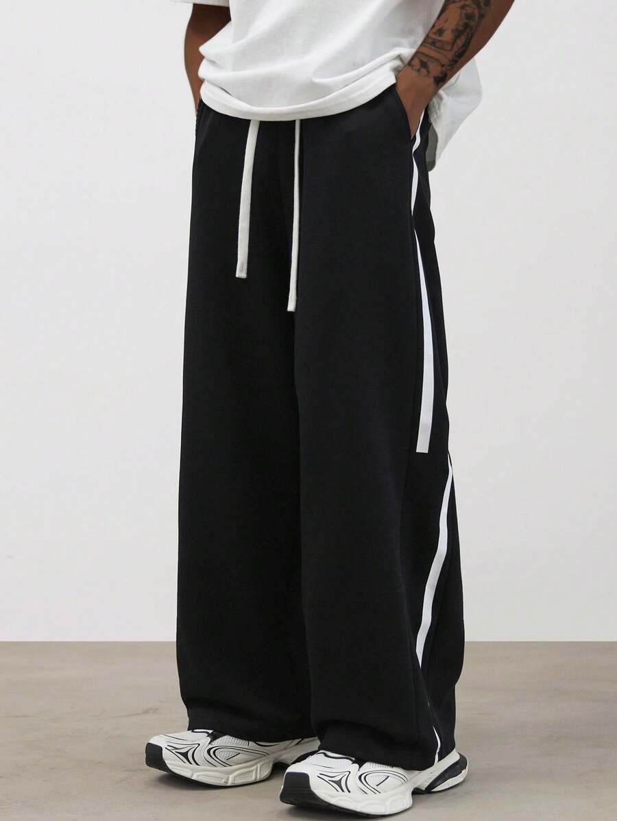 1 条男女通用宽松直筒条纹休闲裤，适合户外、派对、运动 - 黑色 - 查看 1