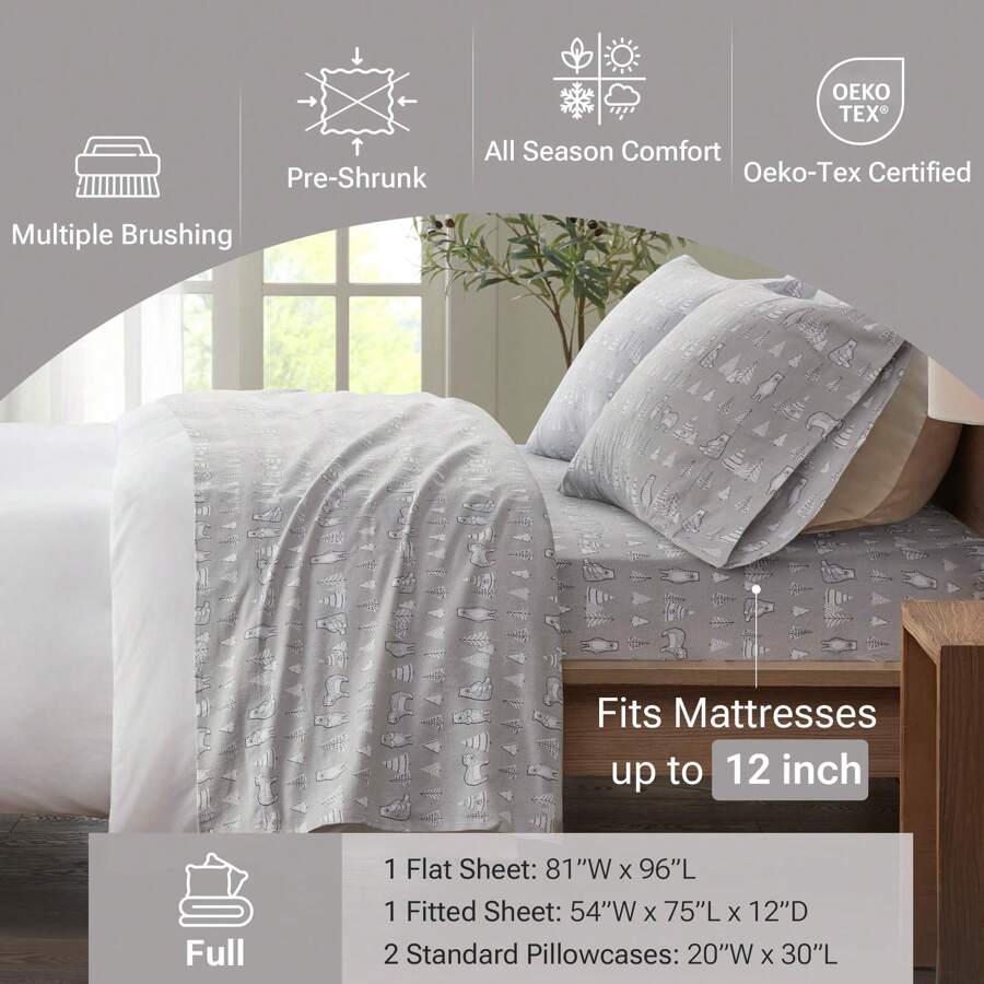 Cozy Touch 3/4 Pieces Lightweight Flannel Bedding Sheet Sets,Utra-Soft Easy Care With 12"-14"Deep Pockets,Multi-Ink Printed Home Textile Fits Diverse Home Decor,3 Pieces Set For Twin Size And 4 Pieces Set For QUEEN-KING-CAL KING Size - Con gấu - Xem 1