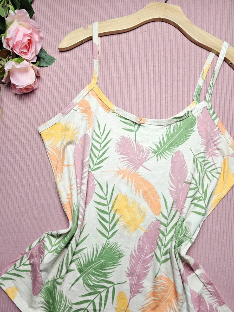 FASHION Women's Tank Top Plus Size Straps G1 Stretches Well NEW Prints - 羽毛 米白 - 查看 1