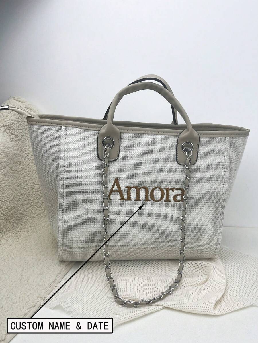 Túi Tote Canvas Dung Tích Lớn Cho Nữ, Kiểu Dáng Xô, Túi Xách & Túi Đeo Chéo, Túi Xách Khóa Kéo Tùy Chỉnh Cho Mọi Mùa - Màu Khaki - Xem 1