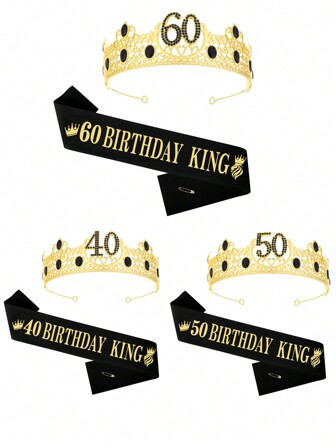 1set 40th 50th 60th Birthday Crown And Sash, Party Decoration For Men,50th Birthday Gifts For Men,60th Birthday King Crown & Birthday King Sash