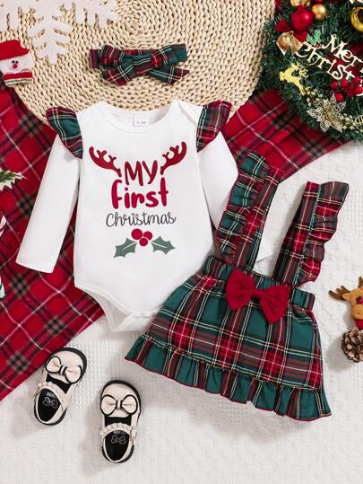 Baby Girl Christmas Letter Print Top And Plaid Suspender Skirt 2pcs/Set, Autumn/Winter