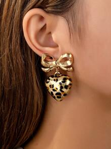 1 Pair Fashionable European And American Unique Exaggerated Leopard Bow & Heart Pendant Earrings,Valentine's Day Gifts Valentines,Mom,Mother,Mother's Day,Gift