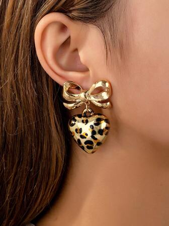 1 Pair Fashionable European And American Unique Exaggerated Leopard Bow & Heart Pendant Earrings,Valentine's Day Gifts Valentines,Mom,Mother,Mother's Day,Gift