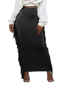 SEBOWEL Cotton Blend Sides Tassel Maxi Skirt Casual Bodycon Skirts Bottom - 黑色 - 查看 4