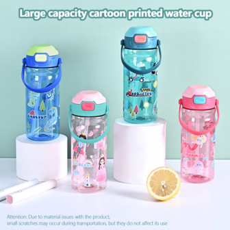 1 pieza Botella de agua con pajita de 600ml con estampado de dibujos animados, vaso con pajita de gran capacidad con tapa a presión a prueba de fugas, botella de viaje portátil con asa cómoda