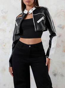 Women's Faux Leather Cropped Jacket, Long Sleeve Stand Collar Zip Up Motor Biker Coat - Black - View 3