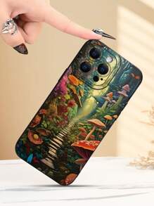 1 件蘑菇路径印花 2D 图案时尚创意奇幻蘑菇路径美学风格，适合作为送给朋友、家人、情侣、生日、圣诞节、新年的礼物。黑色哑光软壳提供全身保护、防尘防水，兼容 iPhone 16/15/14/13/12/11/Pro/ProMax/X/XR/XS/XSMax/7/8/PLUS 和型号 - 黑色 - 查看 6