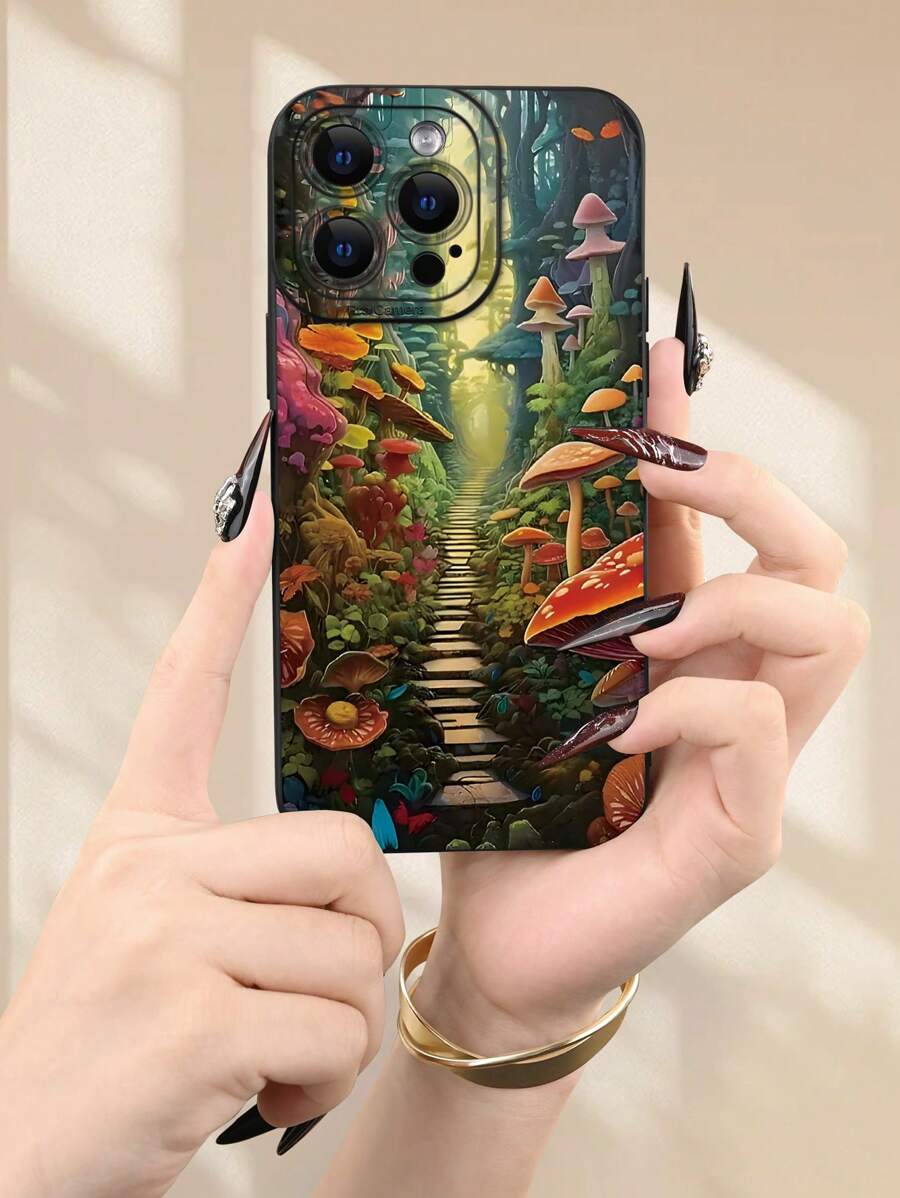 1 件蘑菇路径印花 2D 图案时尚创意奇幻蘑菇路径美学风格，适合作为送给朋友、家人、情侣、生日、圣诞节、新年的礼物。黑色哑光软壳提供全身保护、防尘防水，兼容 iPhone 16/15/14/13/12/11/Pro/ProMax/X/XR/XS/XSMax/7/8/PLUS 和型号 - 黑色 - 查看 1