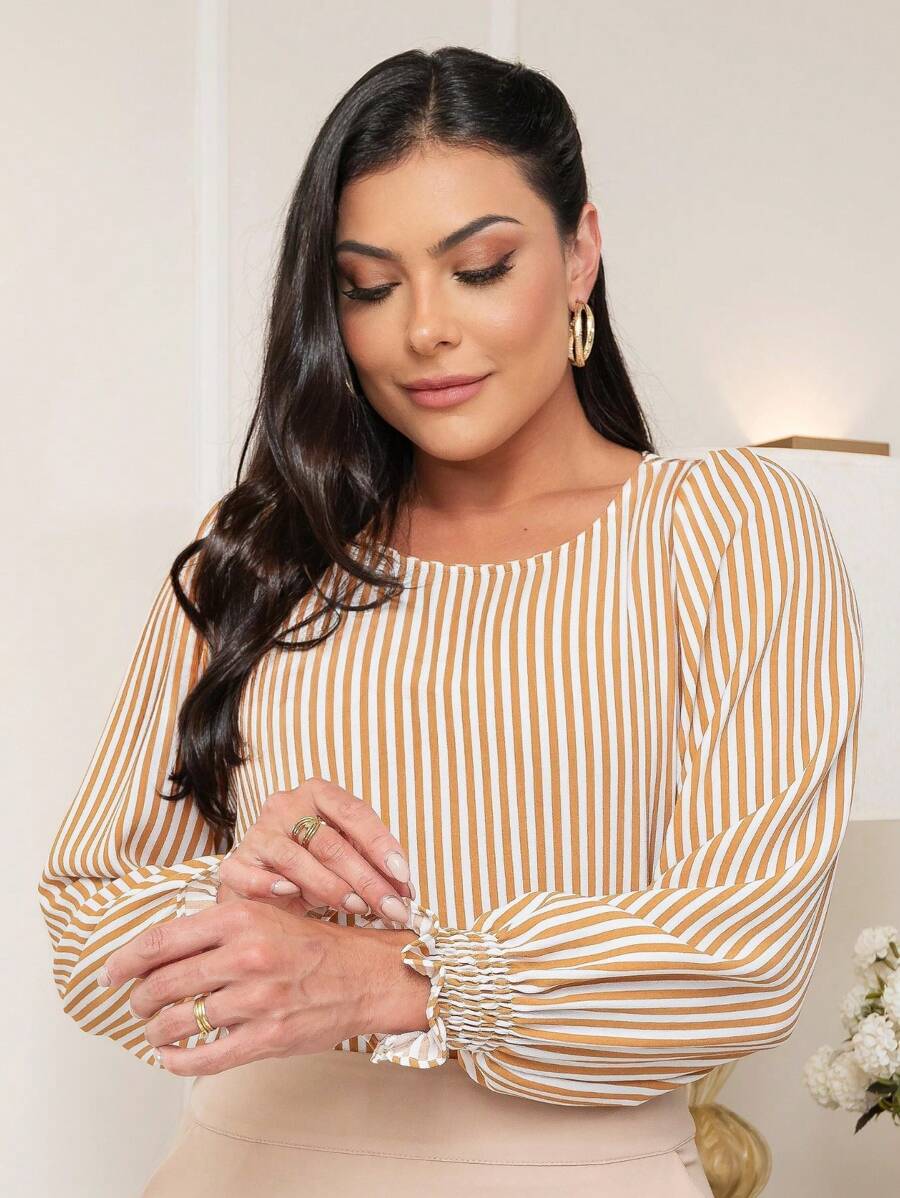 Women's Long Sleeve Lastex Striped Classic Social Blouse - Màu be - Xem 1
