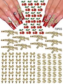 70 cái/gói Phụ kiện trang trí móng tay đính đá mới, Hoa anh đào kim loại 3D hỗn hợp, Súng bắn đá, Vàng trơn, Nơ ruy băng mịn, Phong cách sang trọng Châu Âu & Mỹ, Đá Cubic Zirconia khảm đồng, Trang sức móng tay sáng bóng đa năng đơn giản, Phụ kiện nghệ thuật làm móng DIY, Đá quý làm móng Đồ dùng làm móng - Nhiều màu - Xem 1