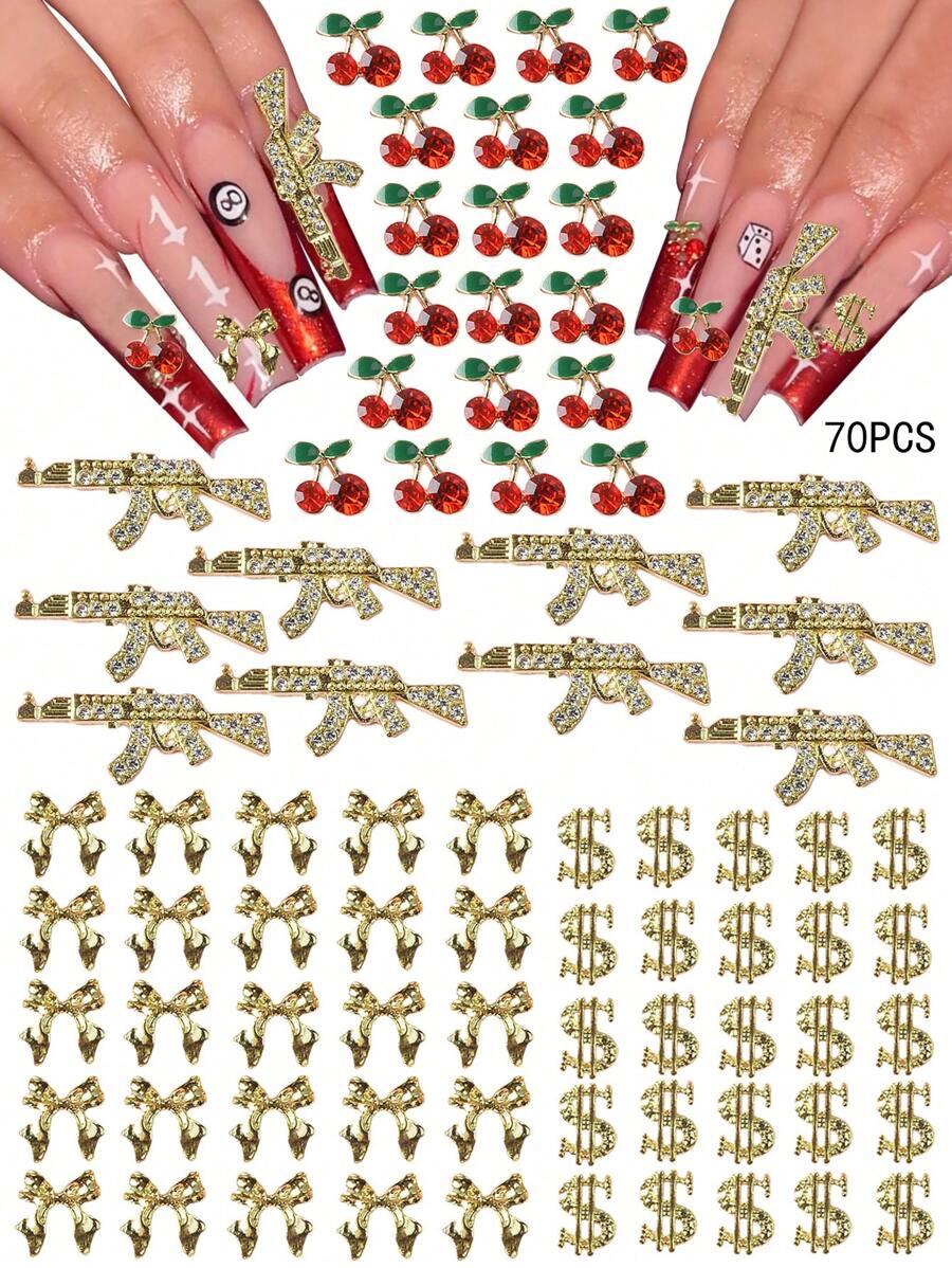 70 cái/gói Phụ kiện trang trí móng tay đính đá mới, Hoa anh đào kim loại 3D hỗn hợp, Súng bắn đá, Vàng trơn, Nơ ruy băng mịn, Phong cách sang trọng Châu Âu & Mỹ, Đá Cubic Zirconia khảm đồng, Trang sức móng tay sáng bóng đa năng đơn giản, Phụ kiện nghệ thuật làm móng DIY, Đá quý làm móng Đồ dùng làm móng - Nhiều màu - Xem 1