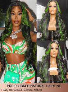 Parrucca frontale in pizzo con onde del corpo, capelli umani brasiliani colorati sfumati, 30-34 pollici, colore verde evidenziato, parrucca frontale in pizzo Remy pre-strappata per donne
