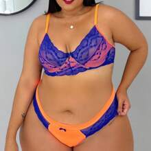 Plus Size Lingerie Set In Neon Colors With Underwire Quality Lace Bra And Panties - Blue - View 3