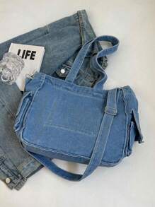 极简风格毛边字母设计牛仔帆布手提包，纯色大容量单肩包，适合女性日常使用、上班通勤、返校校园用品 - 寶藍色 - 查看 6