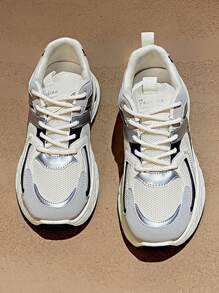 女士春秋新款网眼透气圆头系带厚底多功能时尚休闲运动鞋，橡胶软底防滑耐磨增高，银/白拼色，日常休闲运动鞋 - 藍色 - 查看 3