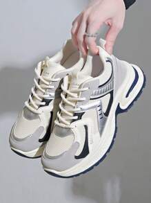 女士春秋新款网眼透气圆头系带厚底多功能时尚休闲运动鞋，橡胶软底防滑耐磨增高，银/白拼色，日常休闲运动鞋 - 藍色 - 查看 4