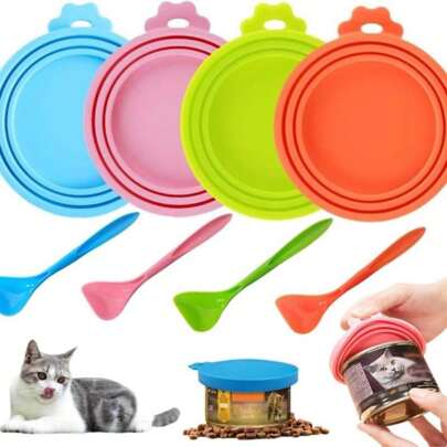2pcs Pet Food Can Lids With Spoon, Silicone Pet Food Can Covers Lids For Dog & Cat Food, One Can Cap Fit Most Standard Size Dog Cat Food Canned (Random Color)