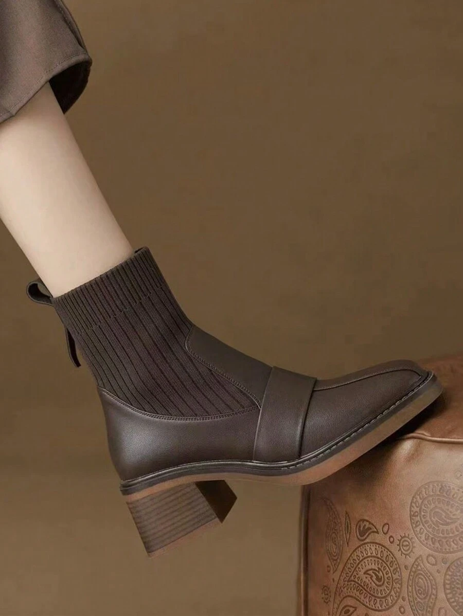 女士优雅针织弹力踝靴，皮革拼接，粗跟，方头，一脚蹬休闲短靴 - 棕色 - 查看 1