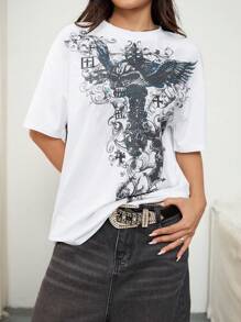 女士街头 Y2K 哥特风印花圆领短袖 T 恤上衣休闲度假白色夏季 - 白色 - 查看 2