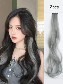 2片灰色渐变夹式接发，无缝逼真长发，可修剪至所需长度，带爪夹，发夹，发饰，假发片 - 灰色 - 查看 1