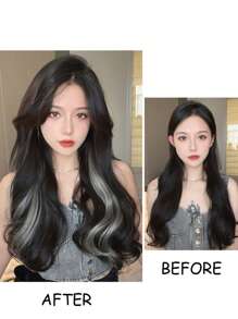 2片灰色渐变夹式接发，无缝逼真长发，可修剪至所需长度，带爪夹，发夹，发饰，假发片 - 灰色 - 查看 3