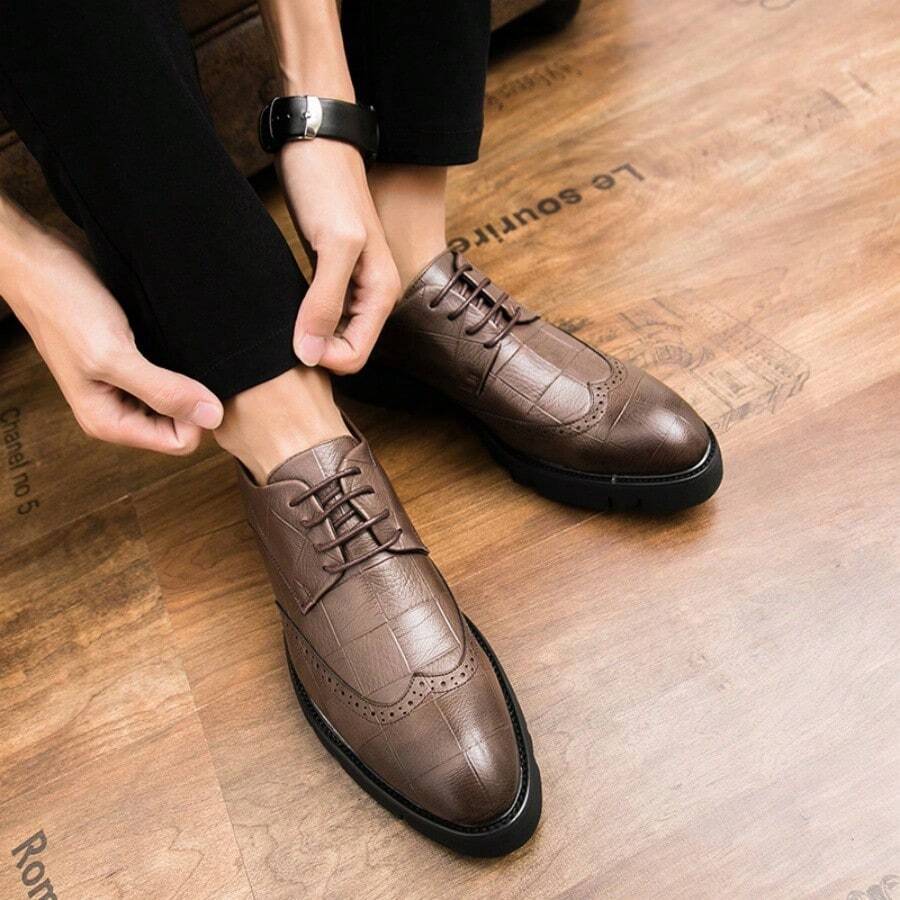 Giày tây nam mới, giày Oxford Brogue buộc dây cổ thấp, giày thường ngày đế dày chống trượt thoải mái cho công việc, tiệc trang trọng, đám cưới, đi làm, giày của người nổi tiếng trên Internet - màu nâu - Xem 1