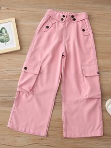 Pantalones cargo de unicolor de tiro alto para niña preadolescente con cuello vuelto y decoraciones en la cintura, diseño de pierna recta suelta, apropiado para la escuela, salidas y uso diario, primavera/verano/otoño - Rosa - Ver 6