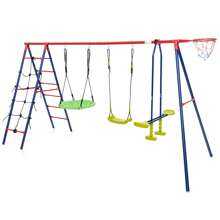 Homasis Swing Set For Backyard W/ 2 Height Adjustable Swings Glider Basketball Hoop - Red and Blue - View 10