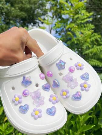 20pcs Glitter Colorful Bear Shape Hole Shoes Charms Decorative Buttons Applicable For Hollow Sandals Beach Shoes