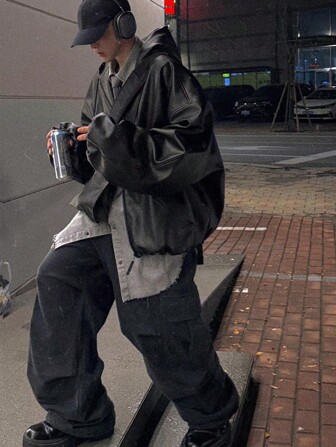 Men's Fashion Loose Short Hooded PU Leather Jacket, Grunge, Fall/Winter