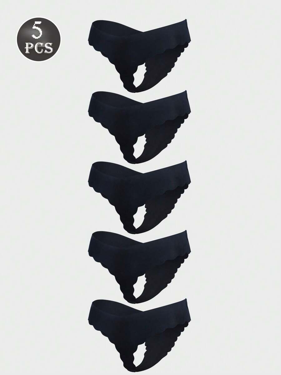 5 قطع/عبوة سراويل داخلية خفيفة بدون غرز للنساء، ذات خصر منخفض أسود ناعم حريري غير مرئي مع حافة مكسرة، سراويل داخلية أساسية من الساتان الجذاب، سلسلة رفيعة قابلة للتنفس - الأسود - مشاهدة 1