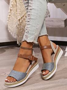 Plus Size 36-43 Women's Summer Sandals, Comfortable Breathable Strap Buckle Round Toe Roman Shoes, Rope Sole Lightweight Casual Female Platform Wedge Sandals