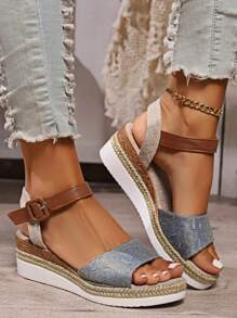 Plus Size 36-43 Women's Summer Sandals, Comfortable Breathable Strap Buckle Round Toe Roman Shoes, Rope Sole Lightweight Casual Female Platform Wedge Sandals