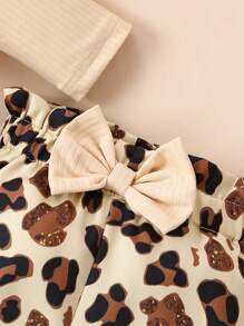 Baby Girl Solid Color Ruffle Trim Long Sleeve Bodysuit And Leopard Print Long Cute Set, Autumn - Apricot - View 7
