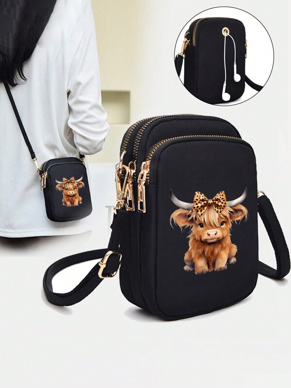 Sac de marche mode décontractée noir thème charmant de vache des highlands avec sac à téléphone portable, porte-monnaie debout, sac bandoulière pour téléphone portable pour femmes, porte-monnaie, portefeuille, sac de voyage léger et sans odeur en polyester