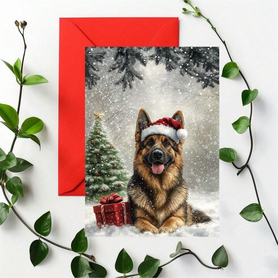 1pc/2pcs Exquisite Design, Lovely German Shepherd Wearing Santa Hat & Christmas Tree Pattern Invitation Card/Christmas Card/Birthday Card, Perfect Christmas Gift For Dog Lovers, With Envelope, Suitable For Family, Friends, Son, Daughter, Grandson, Granddaughter, High-Quality Thick Card Paper, Comfortable Texture