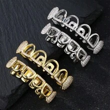 1pc/2pcs Hip Hop Style Vampire Hollow Teeth Grillz, Inlaid Shiny Zirconia 18K Gold Plated, Halloween Christmas Street Fashion Accessories, Comes With Tweezer & Dental Wax