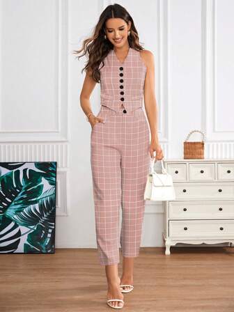 Women's Front Button Sleeveless Casual Top And Pants Set