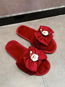 Women's Christmas Wine Red Shoes With Cute Red Bow, Fluffy Indoor Plush Slippers For Autumn/Winter, Comfortable Slip-On Soft Sole Elegant Santa Claus Cartoon Toe-Exposed Open Toe House Slippers