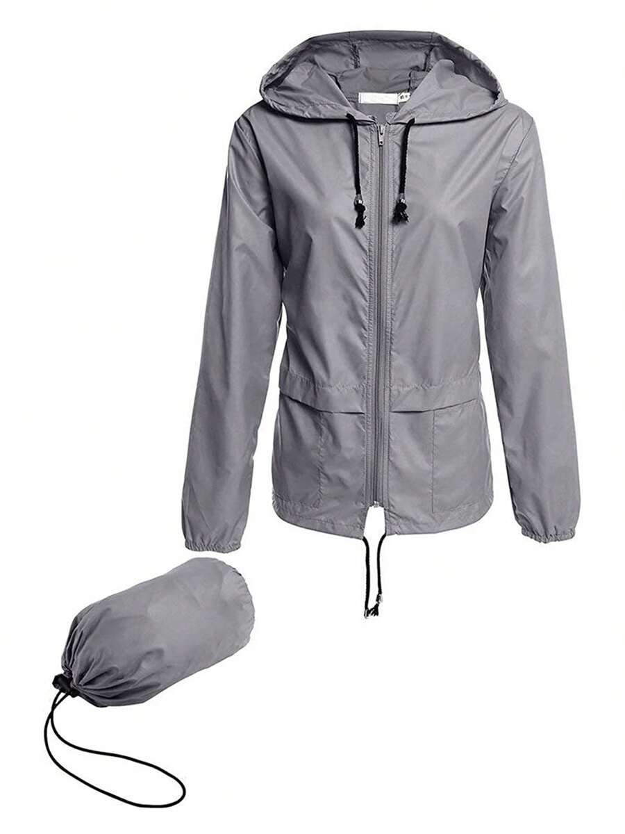 Women Packable Rain Jacket, Outdoor Hooded Windbreaker With Adjustable Drawstring - Grey - View 1